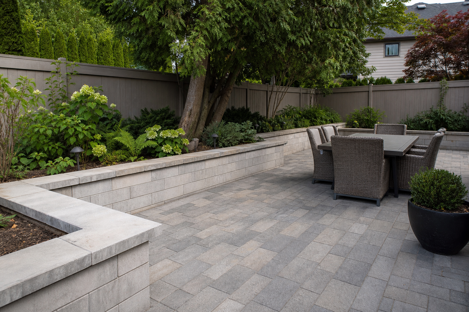 Completed backyard paver patio with stone retaining wall